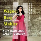 Vrouw in rode jurk, met tekst 'Wagner Wesendonck-Lieder, Berg Sieben Frühe Lieder, Mahler Rückert-Lieder, Anja Harteros, Valery Gergiev, Münchner Philharmoniker'.