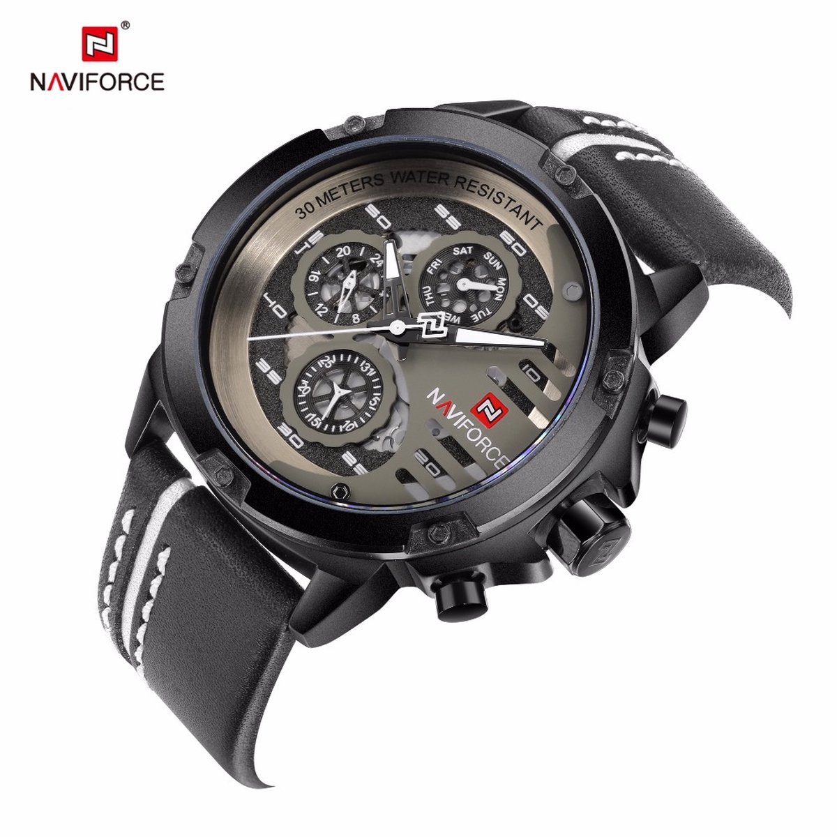NAVIFORCE horloge voor mannen, met zwarte lederen polsband, zwarte horlogekast en grijze wijzerplaat met in het donker oplichtende wijzers ( model 9110 BWB ), verpakt in een mooie geschenkdoos