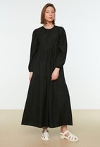 Trendyol Vrouwen Standaard mouw Ronde hals A-lijn Zwarte, gedetailkunstleerde, katoenen, geweven jurk met brede pasvorm TCTSS21EL3470