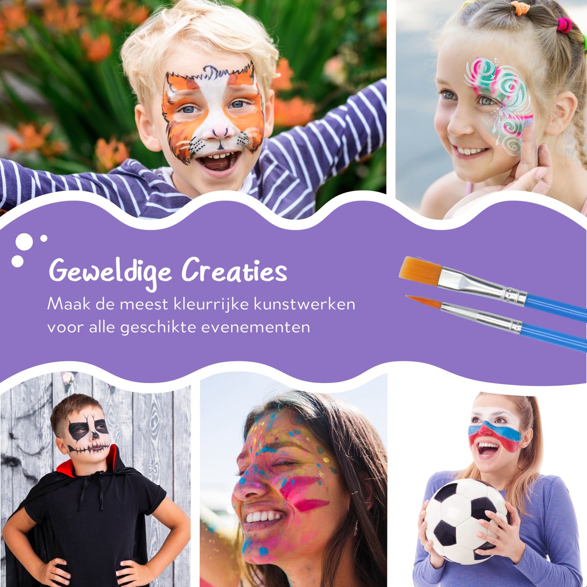 CREACOL Schminkset - 16 Kleuren Grimas Schmink Kinderen - Grime Schmink - Met Bio Gliters & Haarkrijt — afbeelding 3