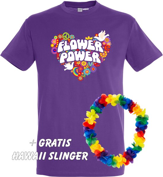 T-shirt Flower Power Hart | Love for all | Gay pride | Regenboog LHBTI | Paars | maat 3XL