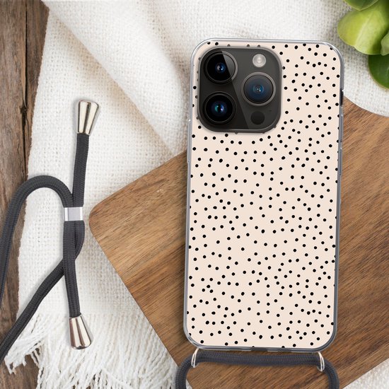 Cordon de téléphone - Chaîne de téléphone - Étui de téléphone Convient pour Apple Iphone 14 Pro - Dot - Beige - Zwart - Siliconen - Bandoulière - Étui de téléphone avec cordon Étui de téléphone
