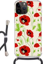 Geschikt voorApple Iphone 14 Pro Max - Crossbody Case - Bloemen - Klaproos - Patroon - Siliconen - Crossbody - Backcover met Koord - Telefoonhoesje met koord - Hoesje met touw