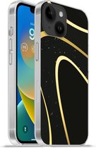 Geschikt voorApple Iphone 14 - Softcase hoesje - Gouden golven op een zwarte achtergrond - Siliconen Telefoonhoesje