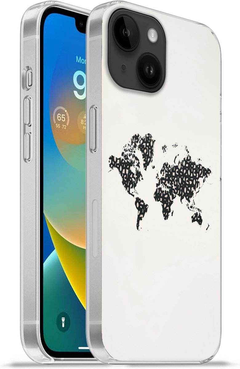 Telefoonhoesje Geschikt voor Apple Iphone 14 hoesje - Wereldkaart - Cijfers - Zwart - Siliconen Telefoonhoesje Telefoonhoesje