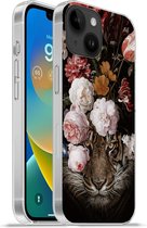 Geschikt voorApple Iphone 14 - Softcase hoesje - Tijger - Bloemen - Kunst - Siliconen Telefoonhoesje