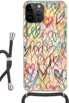 Geschikt voorApple Iphone 14 Pro Max - Crossbody Case - Een illustratie met hartjes op de achtergrond - Siliconen - Crossbody - Backcover met Koord - Telefoonhoesje met koord - Hoesje met touw