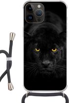 Geschikt voorApple Iphone 14 Pro Max - Crossbody Case - Luipaard - Ogen - Zwart - Siliconen - Crossbody - Backcover met Koord - Telefoonhoesje met koord - Hoesje met touw