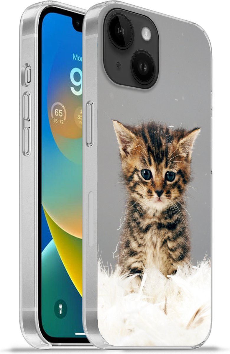 Telefoonhoesje Geschikt voor Apple Iphone 14 hoesje - Kat - Kitten - Veren - Siliconen Telefoonhoesje Telefoonhoesje