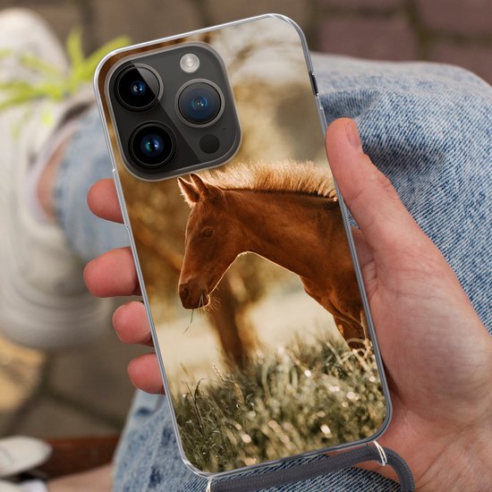 Étui de téléphone adapté à Apple iPhone 14 Pro - Cheval - Léger - Pâturage - Siliconen - Bandoulière - Coque arrière avec cordon - Étui de téléphone avec cordon - Étui avec corde Étui de téléphone