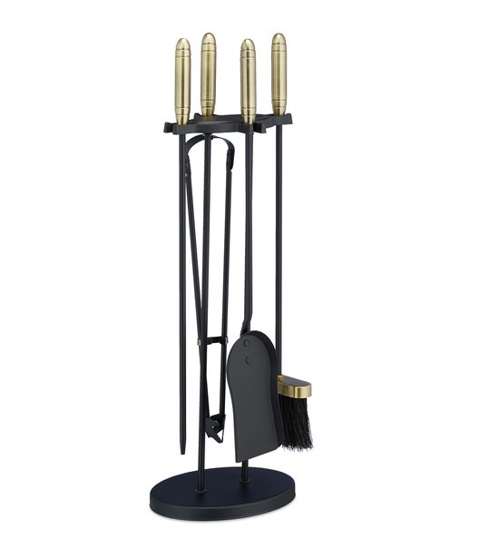 Set De 5 Outils Pour Cheminée : Tisonnier, Pelle, Balai, Pince Et Support - Design Noir élégant !