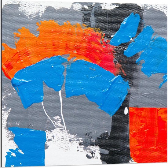 Dibond - Oranje/Blauwe/Grijze Abstracte Kunst - Foto op Aluminium (Wanddecoratie van metaal)
