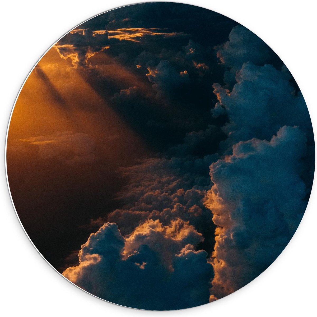 KuijsFotoprint Schilderij - Wolken Met Zonnestralen - Wit, Blauw En Oranje - 70 X 70 Cm