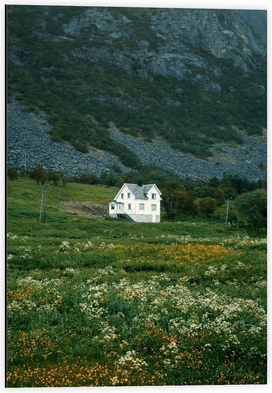 Dibond - Huisje aan de Rand van de Berg - 40x60cm Foto op Aluminium (Wanddecoratie van metaal)