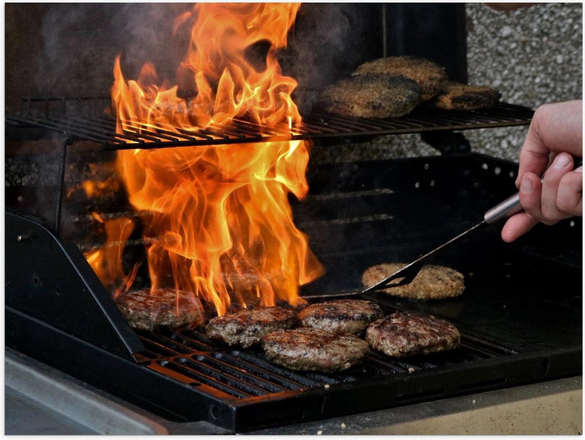 Poster – Burgers en Vuur op de Barbecue - 40x30cm Foto op Posterpapier