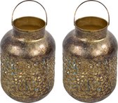 2x stuks vintage look lantaarns/windlichten metaal goud grof 23 cm - Metalen tuindecoratie met antieke uitstraling