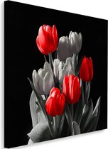 Schilderij Boeket tulpen, 80x80cm, rood-grijs