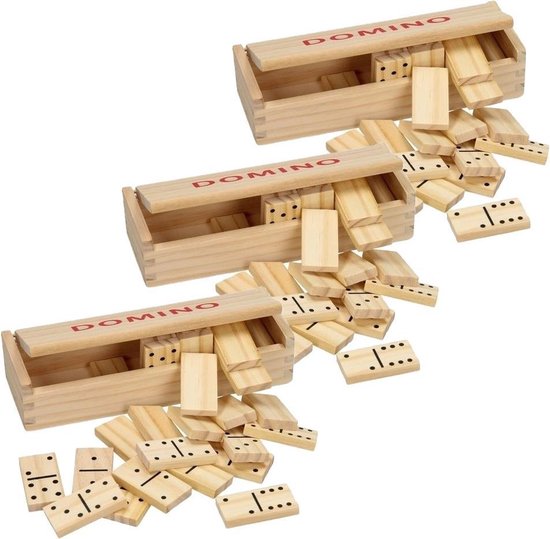 Thumbnail van een extra afbeelding van het spel 4x doosje Houten domino spel in kistje - 112x dominostenen - Gezelschapsspel - Familiespel