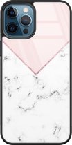 iPhone 12 hoesje glas - Marmer roze grijs - Hard Case - Zwart - Backcover - Marmer - Roze