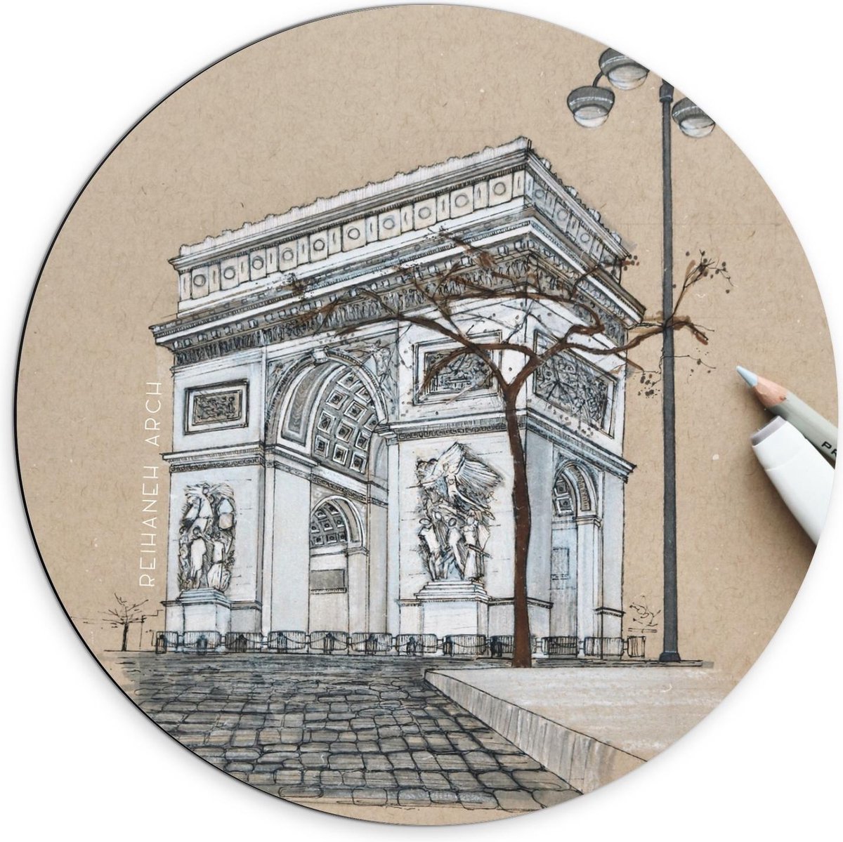 KuijsFotoprint Dibond Wandcirkel - Tekening van een Stenen Monument - 70x70cm Foto op Aluminium Wandcirkel (met ophangsysteem) Beige