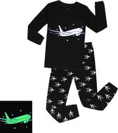 Elowel - Jongen Pyjama 2 Delig, 'GLOW IN THE DARK', 100% Katoen, Comfortabel, Slim fit Broek | 7 Jaar | Vliegtuig
