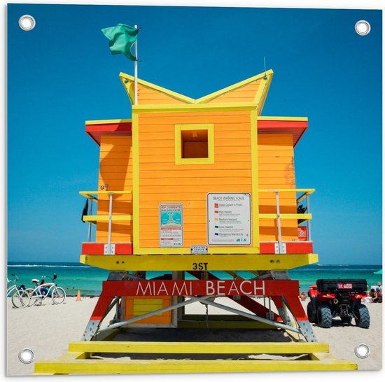 Tuinposter – Oranje Strandhuisje op Miami Beach - 50x50cm Foto op Tuinposter  (wanddecoratie voor buiten en binnen)