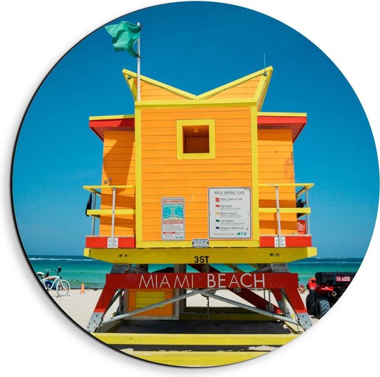 Dibond Wandcirkel - Oranje Strandhuisje op Miami Beach - 40x40cm Foto op Aluminium Wandcirkel (met ophangsysteem)