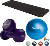 Tunturi - Fitness Set - Vinyl Dumbbell 2 x 1 kg - Gymball Blauw 90 cm - Fitnessmat 180 x 60 x 1,5 cm