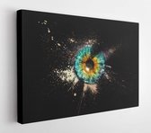 Conceptual creative photo of a female eye close-up in the form of splashes, explosion and dripping paint isolated on a black background. Female eye close-up with spray paint around