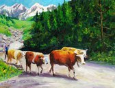 Onlinecanvas - Schilderij - Oil Painting Grazing Bull Art Horizontal Horizontal - Multicolor - 60 X 80 Cm