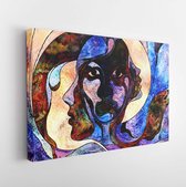 Stained Glass Forever series. Overlapping human profiles and face drawn with organic patterns on the subject of mind, mental health, unity and intuition - Modern Art Canvas - Horiz