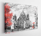 Oil painting on canvas, Berlin street view, Art work European landscape in black, white and red. Men and women under umbrellas. Trees, Tower, Cathedral - Modern Art Canvas - Horizo