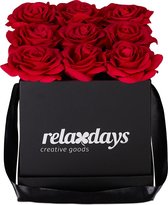 Relaxdays flowerbox zwart - 9 kunstrozen - bloemendoos - giftbox - rozen in box - vierkant - rood
