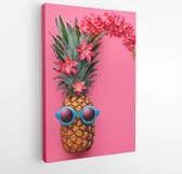 Fashion. Pineapple hipster in sunglasses. Minimal concept, summer tropical pineapple. Creative art fashionable concept. Summertime beach party mood, stylish pineapple fruit  - Mode