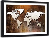 Foto in frame , Wereld op donker hout , 120x80cm , beige bruin , wanddecoratie