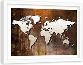 Foto in frame , Wereld op donker hout , 120x80cm , beige bruin , wanddecoratie