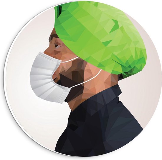 Forex Wandcirkel - Man Met een Groene Muts en een Mondkapje - 20x20cm Foto op Wandcirkel (met ophangsysteem)