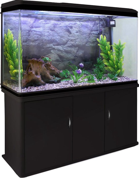 Aquarium 300 L Zwart starterset inclusief meubel – Naturel grind – 120.5 cm x 39 cm x 143,5 cm – filter, verwarming, ornament, kunstplanten, luchtpomp fish tank