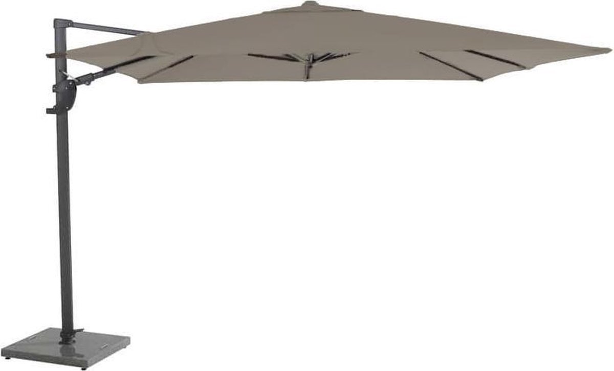 4-Seasons Outdoor zweefparasol Horizon Premium 300x300 cm in taupe kleur, rechthoekig design met kruisvoet.