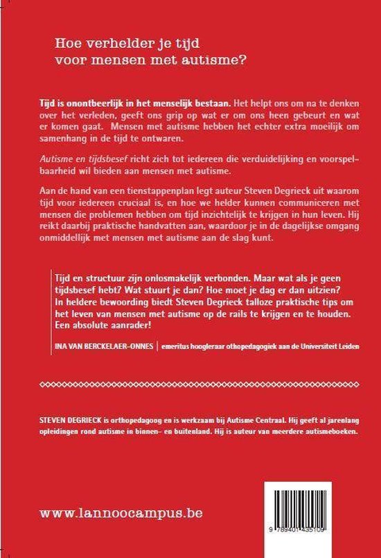 Achterkant van een boek met tekst over autisme en tijdsbesef, inclusief een auteursfoto en website.