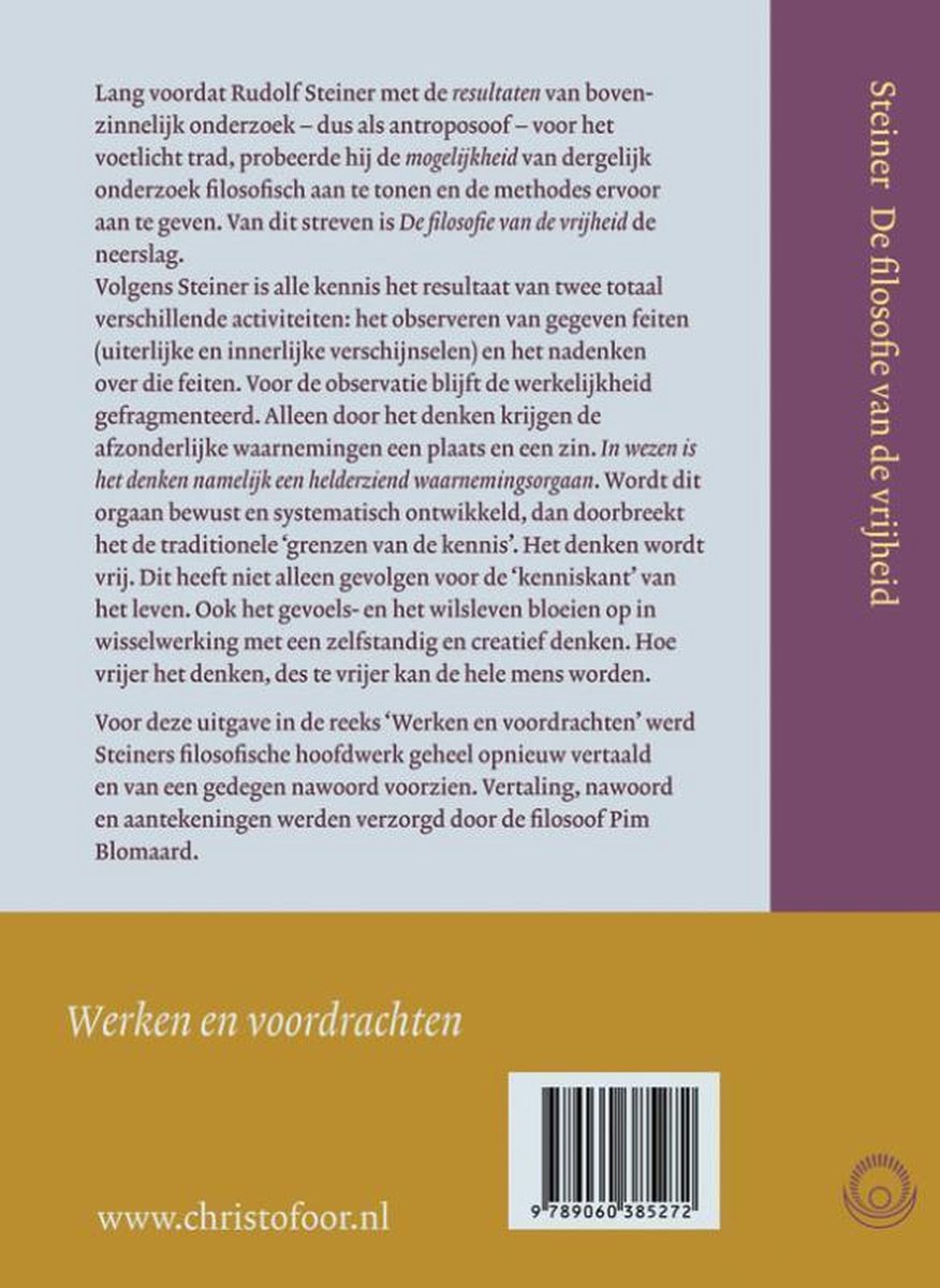 Achterkant boek met tekst over 'Werken en voordrachten'. Barcode en website www.christofoor.nl.