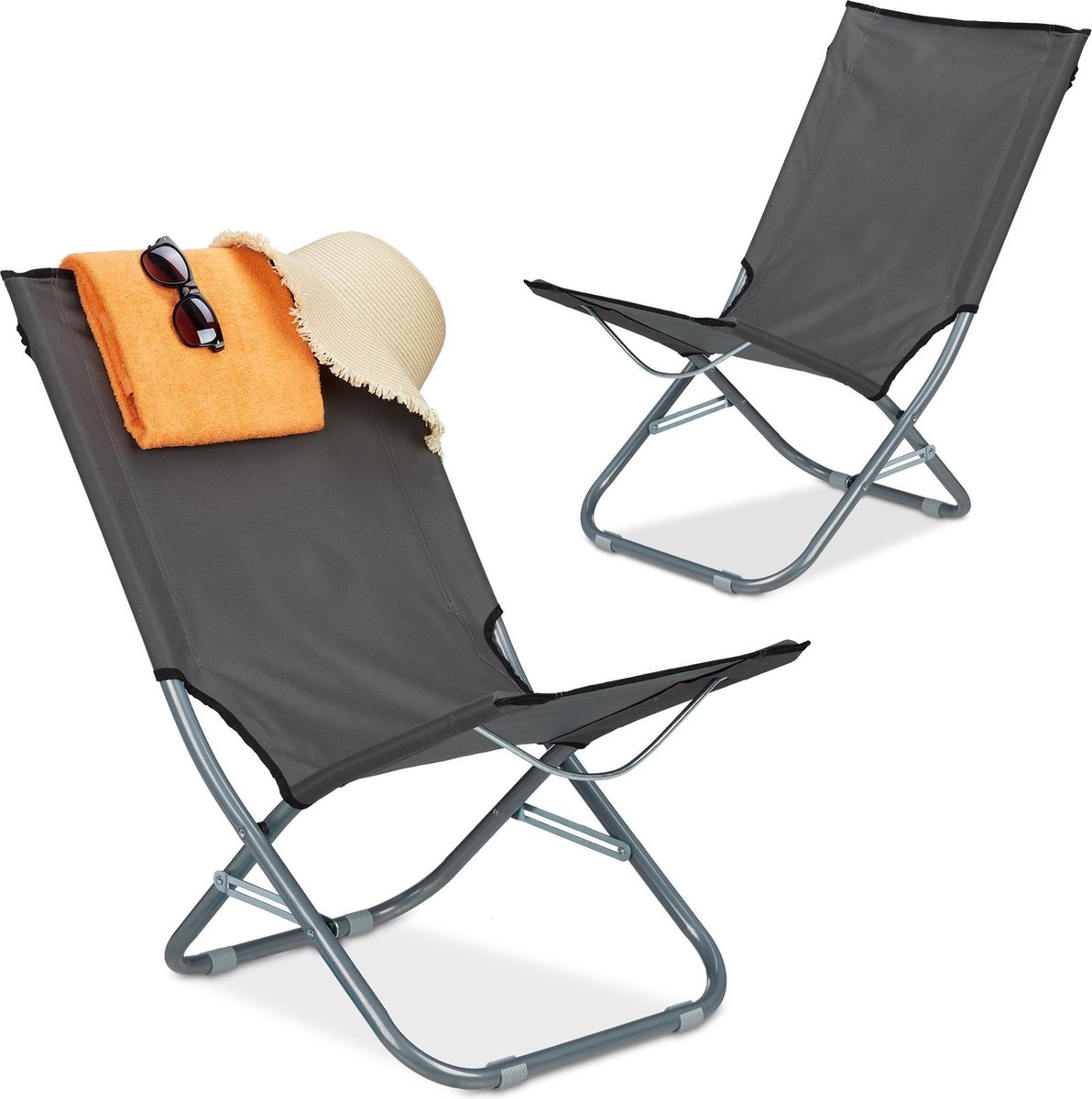 Relaxdays ligstoel tuin - tuinstoel 2 stuks - campingstoel - inklapbaar - vouwstoel - grijs