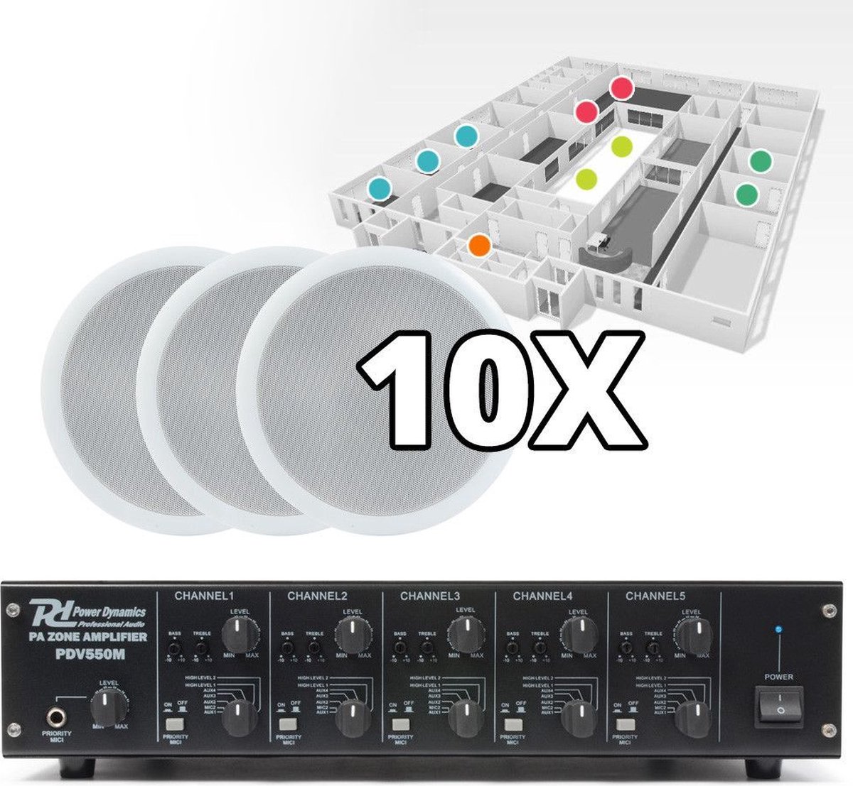 Complete 100V 5-zones geluidsset met 10 plafondspeakers en kabels