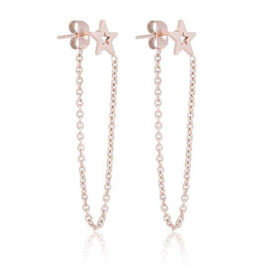 Aramat jewels ® - Stalen oorbellen met kettinkje rosé star