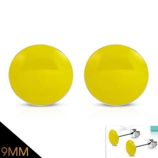 Aramat jewels ® - Ronde- oorbellen geel -emaille staal 9mm-Gele oorstekers - oorknopjes -oorbellen staal - RVS oorbellen - 9mm oorbellen - dames oorbellen - ronde oorbellen - oorbelletjes- cadeau - verjaardag