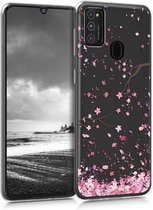 kwmobile telefoonhoesje voor Samsung Galaxy M21 - Hoesje voor smartphone in poederroze / donkerbruin / transparant - Kersenbloesembladeren design