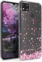 kwmobile telefoonhoesje voor Xiaomi Redmi 9C - Hoesje voor smartphone in poederroze / donkerbruin / transparant - Kersenbloesembladeren design