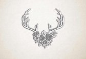 Wanddecoratie - Rendier hoorns met bloemen - M - 60x65cm - Wit - muurdecoratie - Line Art