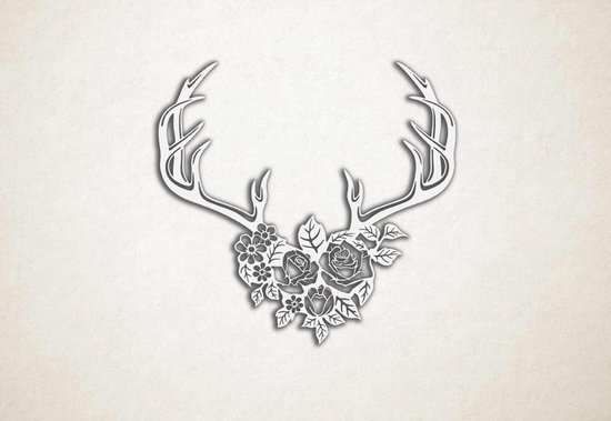 Wanddecoratie - Rendier hoorns met bloemen - M - 60x65cm - Wit - muurdecoratie - Line Art