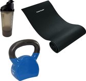 Tunturi - Fitness Set - Kettlebell 12 kg - Fitnessmat 160 x 60 x 0,7 cm - Shakebeker